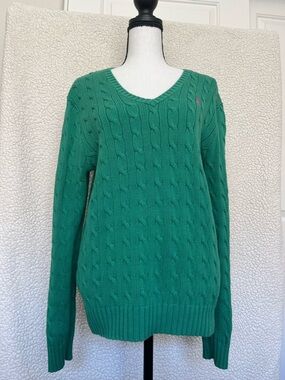 Ralph Lauren Emerald Green Cable-Knit V-Neck Sweater